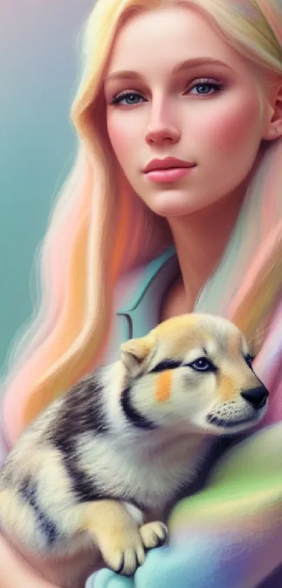 Pastel portrait of woman with puppy, colorful wallpaper.