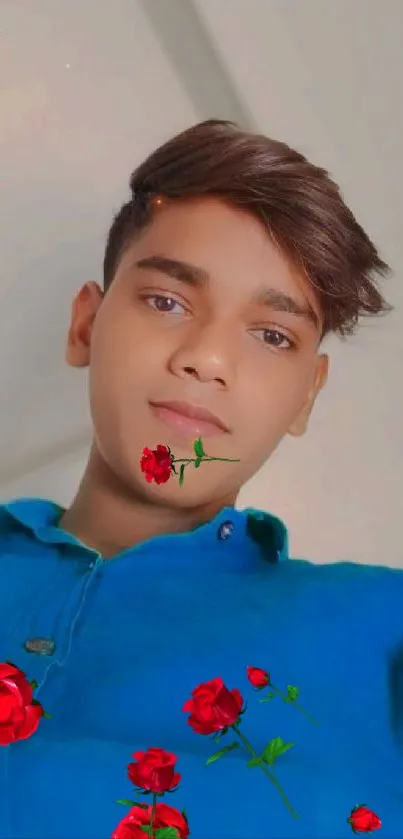 Portrait with vibrant red roses and blue shirt on a mobile wallpaper.