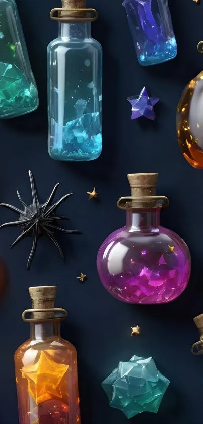 Colorful potion bottles on a dark blue background.