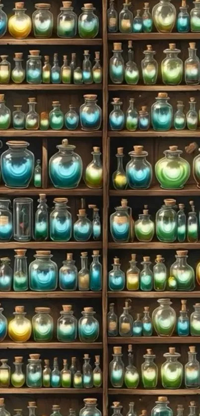 Shelf filled with colorful potion bottles.