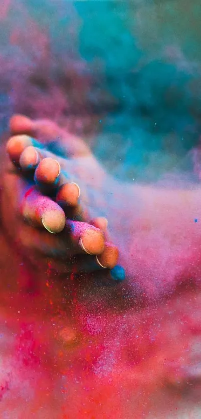 Hands clapping vibrant powder in colorful burst.