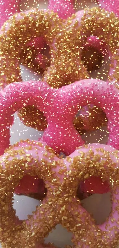 Colorful pink and gold candy-dusted pretzels.