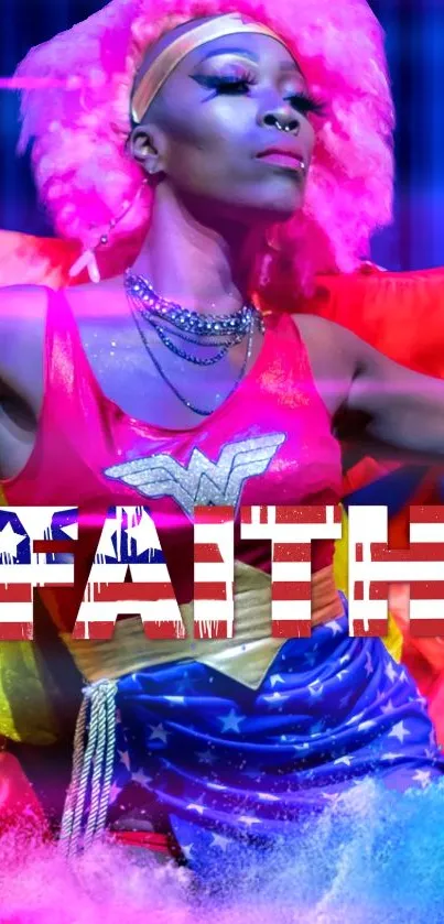 Bold artistic wallpaper with colorful attire and the word 'FAITH' prominently displayed.