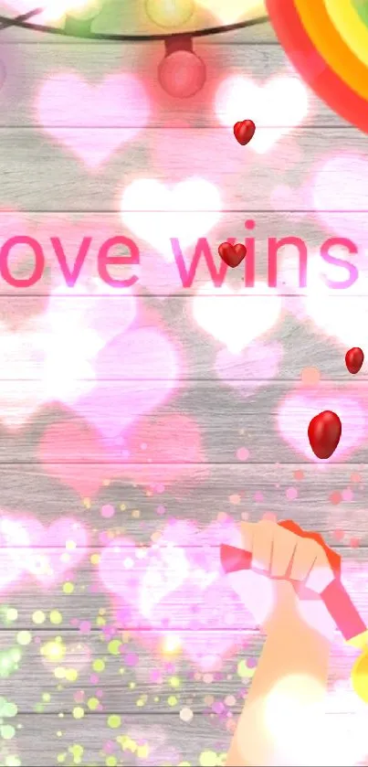 Colorful pride wallpaper with 'love wins' and string lights.