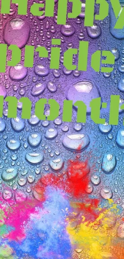 Colorful pride month wallpaper with rainbow droplets and vibrant hues.