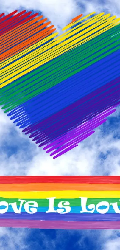 Vibrant rainbow heart wallpaper with 'Love is Love' message over a cloudy sky.