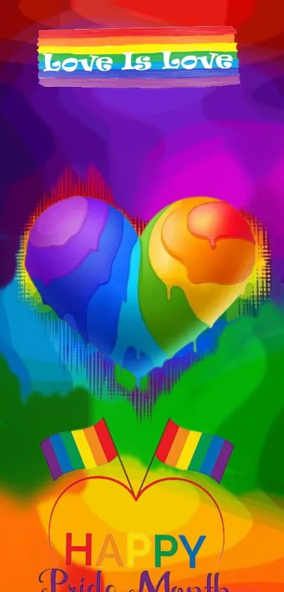 Vibrant rainbow heart pride wallpaper with love message.