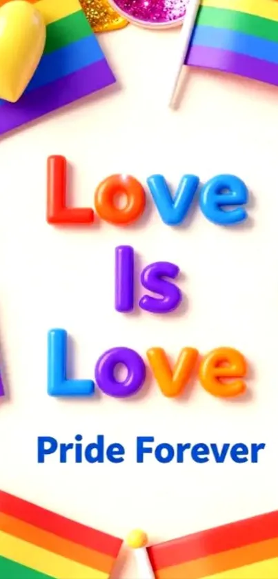 Vibrant pride wallpaper with rainbow flags and 'Love Is Love'.