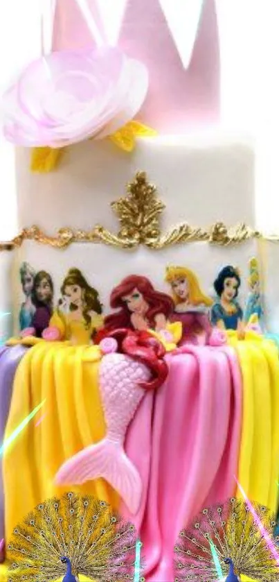 Princess-themed cake with colorful ribbons and mermaid figure.