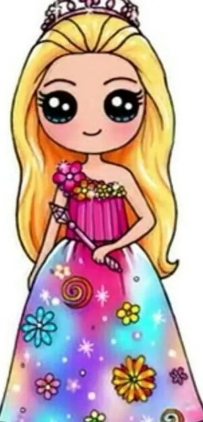 Cartoon princess with colorful floral dress wallpaper.