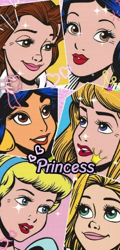 Colorful collage of classic princesses in a vibrant mobile wallpaper.