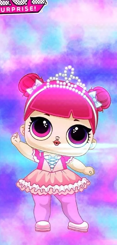 Colorful cartoon princess doll on pastel wallpaper.