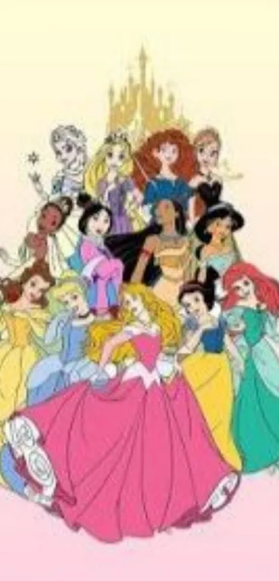 Animated princesses in colorful dresses on a soft pastel yellow background.