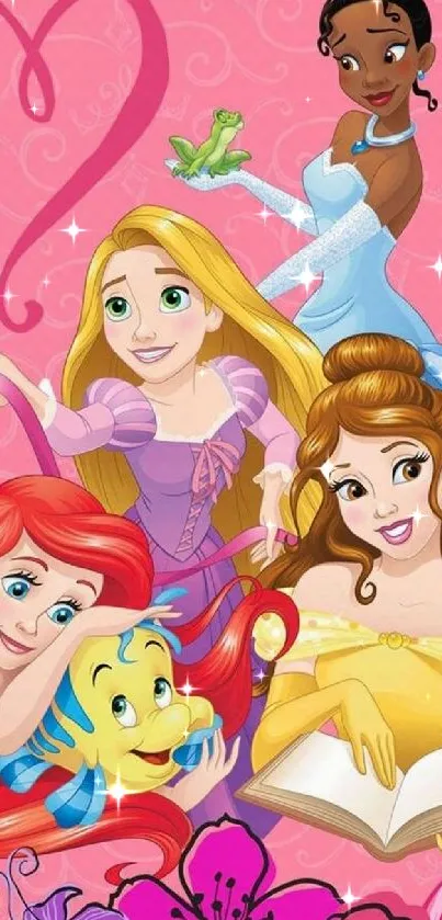 Colorful cartoon princesses on pink background.