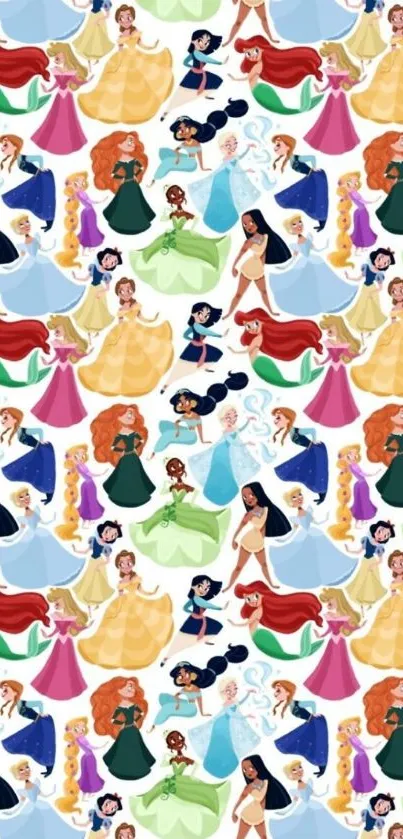 Colorful princess-themed mobile wallpaper featuring animated characters.