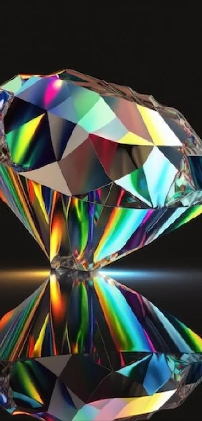 A colorful prism diamond with vibrant reflections on a dark background.