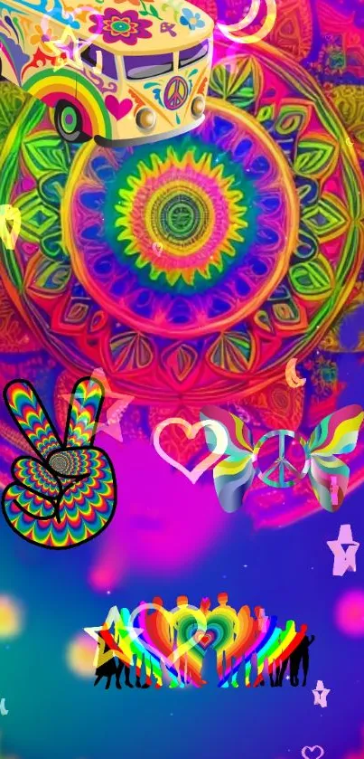 Colorful psychedelic wallpaper with a mandala and peace symbols.