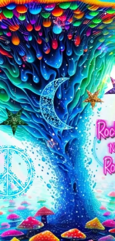Psychedelic art wallpaper with vibrant colors, stars, moon, and 'Rock n Roll' design.