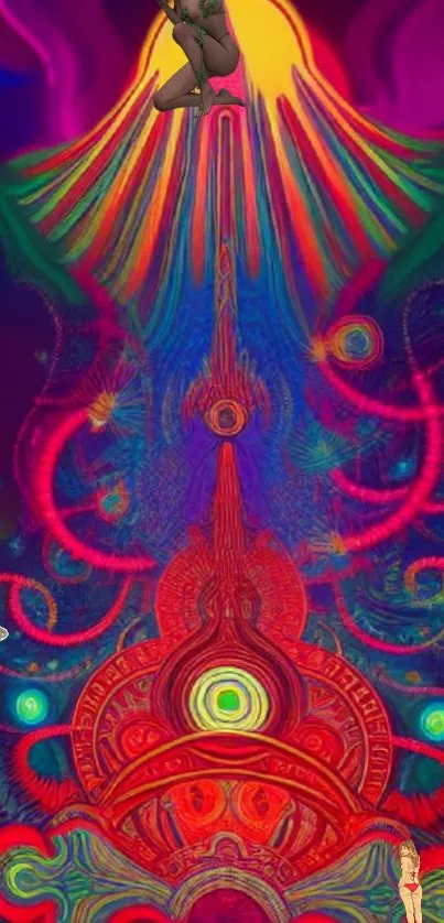 Vibrant psychedelic art with spiritual symbols.