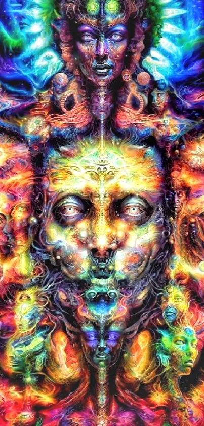 Colorful psychedelic abstract faces with vibrant patterns in digital art wallpaper.