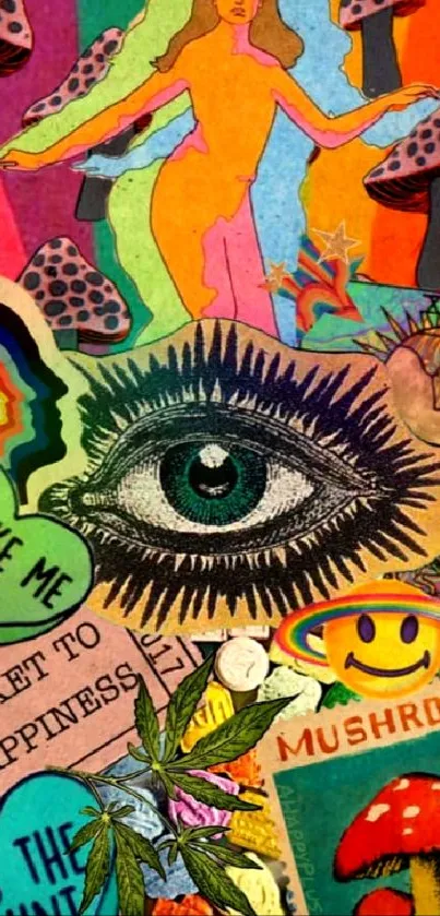 Psychedelic collage mobile wallpaper with vibrant colors and surreal elements.