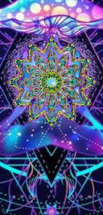 Psychedelic art wallpaper with neon colors and geometric patterns.