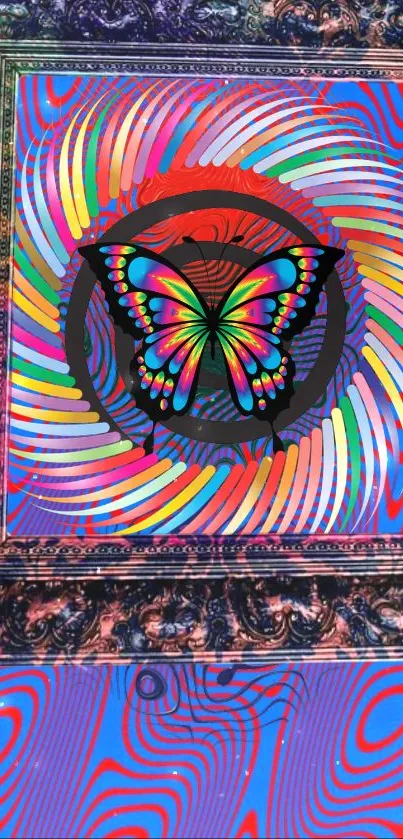 Psychedelic butterfly art with colorful optical design.