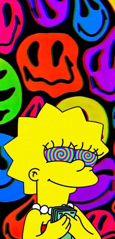 Psychedelic cartoon art wallpaper with colorful smiley faces.