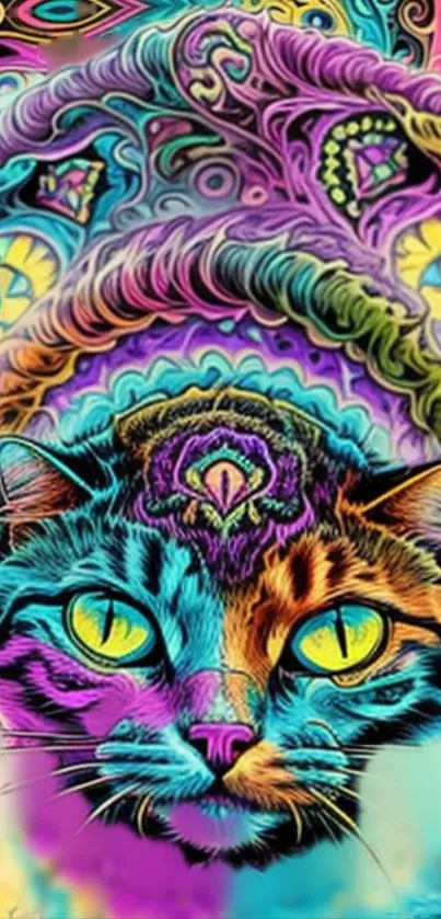 Psychedelic cat art with vibrant colors and intricate design patterns.