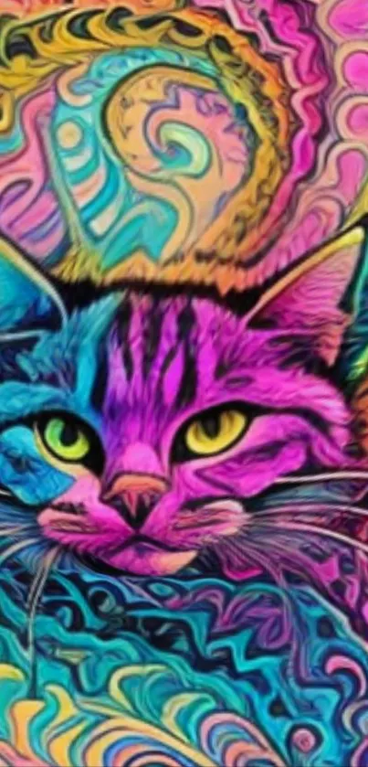 Vibrant psychedelic cat artwork with swirling colors.