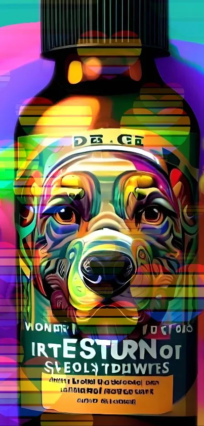 Psychedelic colorful dog on a vibrant bottle Wallpaper