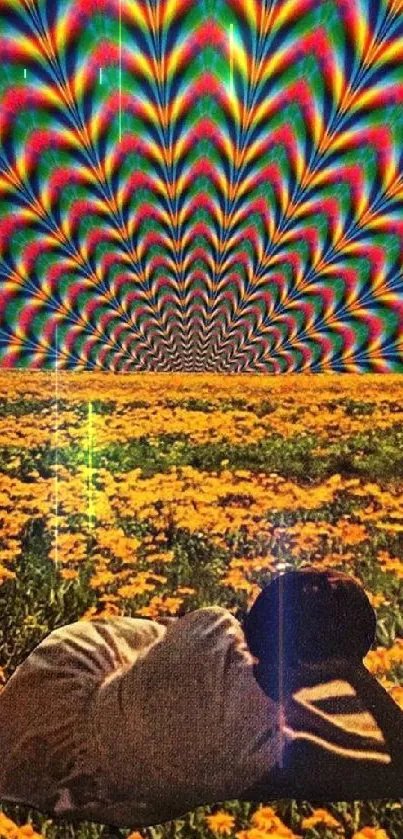 A psychedelic landscape with colorful patterns and a flower field.