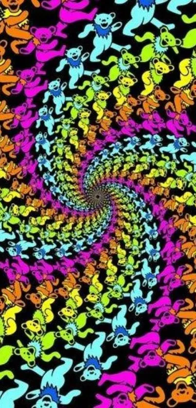 Colorful psychedelic spiral with neon monkeys on a black background.