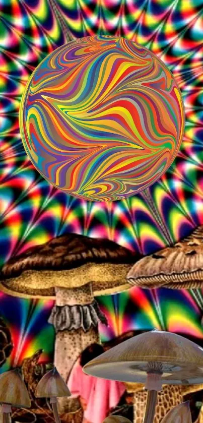 Vibrant psychedelic mushroom art with colorful swirling patterns.