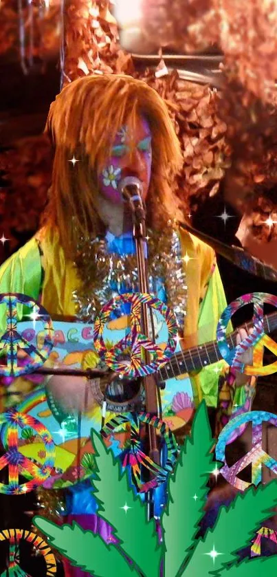 Colorful psychedelic scene with guitarist and peace symbols.