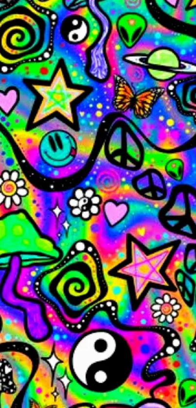 Colorful psychedelic wallpaper with planets, stars, and peace signs.