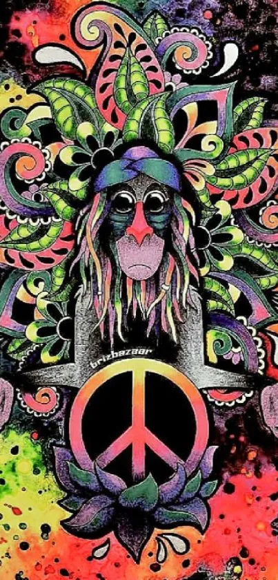 Colorful psychedelic monkey with peace sign design.