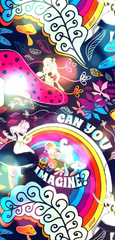 Colorful psychedelic wonderland wallpaper with whimsical characters.