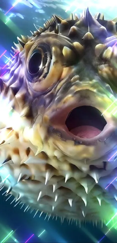 Vibrant pufferfish with colorful lights underwater.