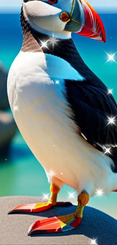 A colorful puffin perched by the blue ocean on a sunny day.