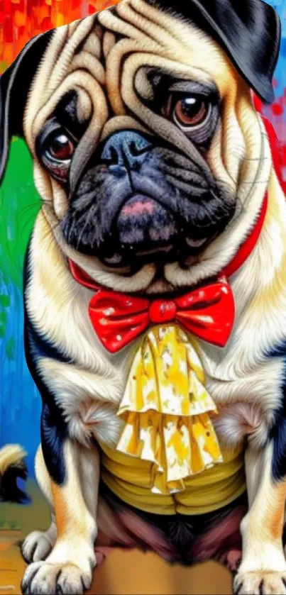 Colorful pug portrait with vibrant background.