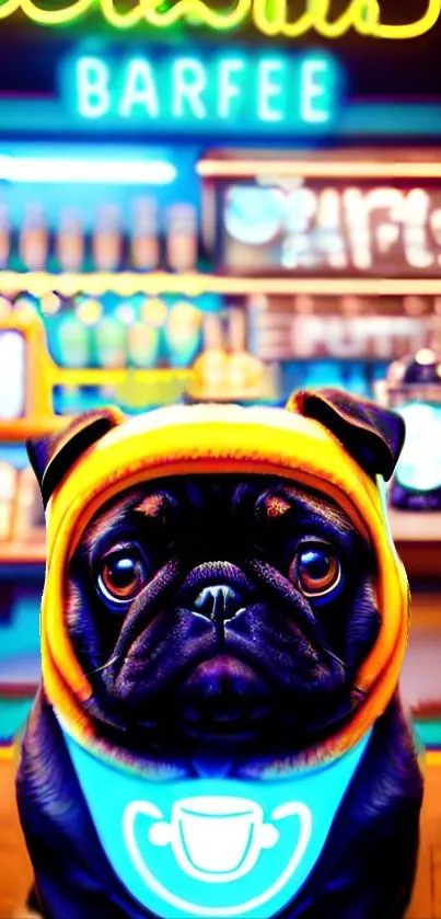 Vibrant wallpaper featuring a cute pug in a colorful café setting.