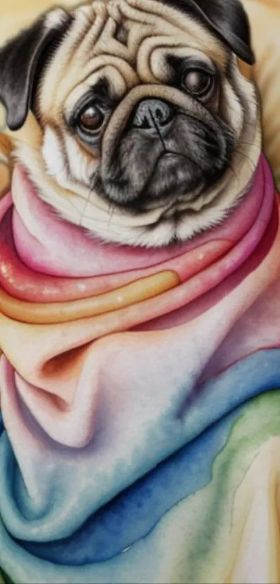 Colorful pug wrapped in a rainbow blanket.