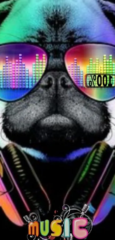 Colorful pug with headphones and music graphics on a vibrant black background.