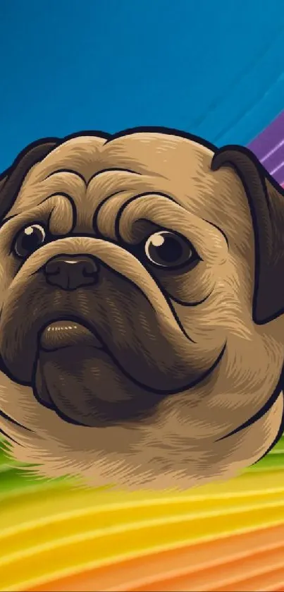 Pug illustration with rainbow background, vibrant and cute design.