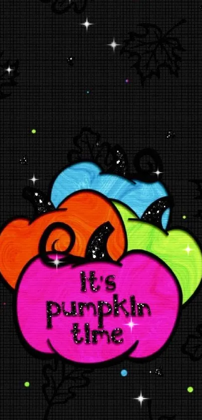 Colorful pumpkin artwork on black background for mobile wallpaper.