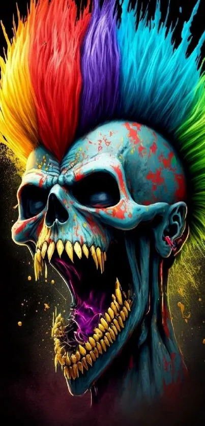 Vibrant punk skull with colorful Mohawk and fierce teeth on black background.