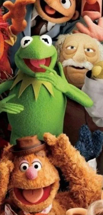 Vibrant puppet characters gather joyfully.