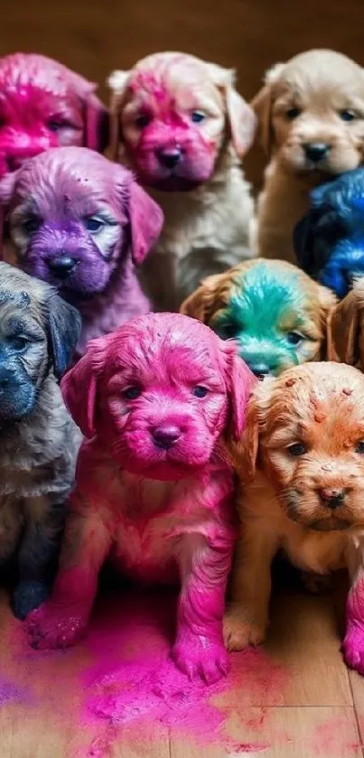 Vibrant puppies covered in colorful paint, creating a cheerful wallpaper.