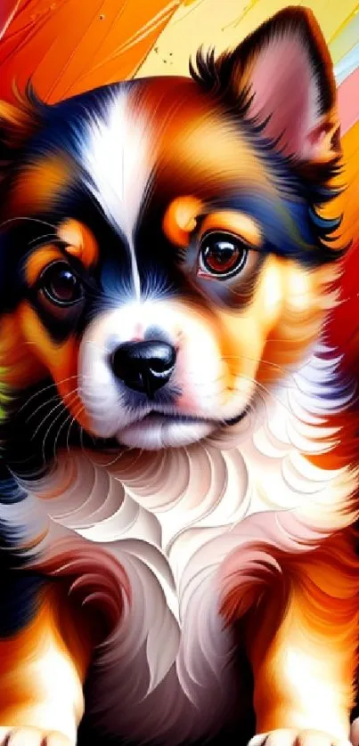 Colorful digital painting of a cute puppy with a rainbow background.